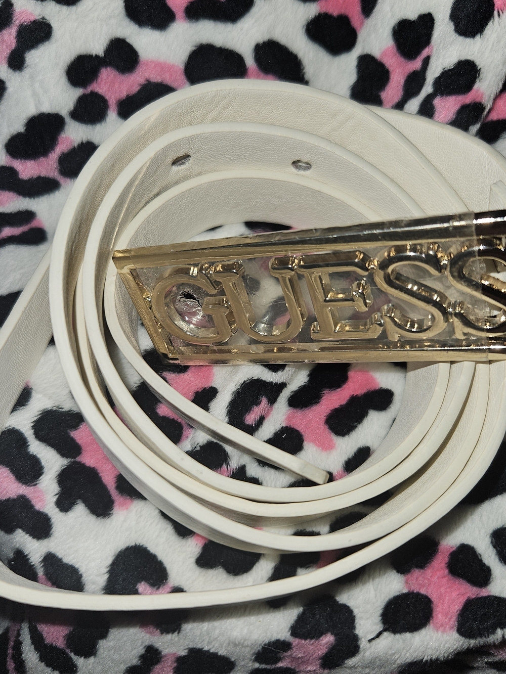 GUESS Ivory Belt with Gold Logo Buckle